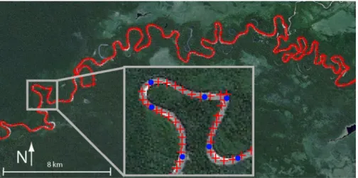 Figure 2. Digitization procedure. Blue dots: original digitized points. Red crosses: spline interpolated points (Source: ‘‘Secure river’’