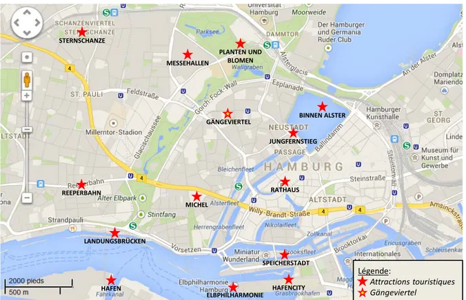 Figure 1: Carte de Hambourg avec les principales attractions touristiques et le Gängeviertel (source fond de carte :    