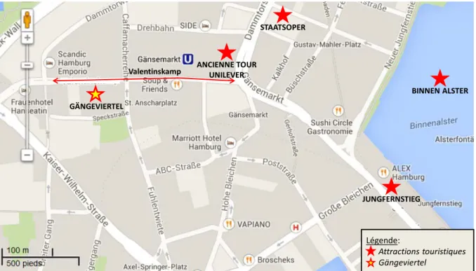 Figure 2: Situation du Gängeviertel et de quelques attractions touristiques (source fond de carte : https://maps.google.com/) 