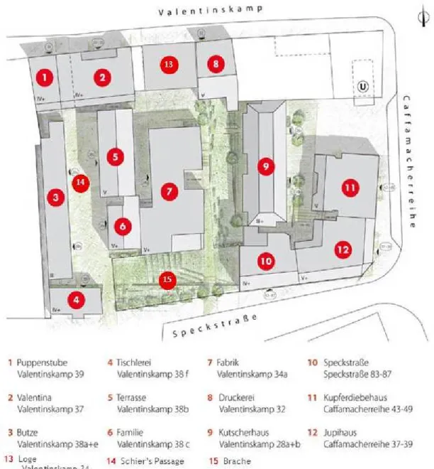 Figure 4: Plan du Gängeviertel avec les maisons et les cours extérieures (http://das-gaengeviertel.info/gaengeviertel/portraets-der- (http://das-gaengeviertel.info/gaengeviertel/portraets-der-haeuser.html) 