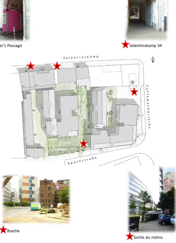 Figure 12: Les quatre points d'entrée du Gängeviertel (plan au milieu : http://das-gaengeviertel.info/gaengeviertel/portraets-der- http://das-gaengeviertel.info/gaengeviertel/portraets-der-haeuser.html) 