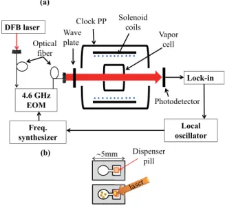 FIG. 1. (a) Schematic setup of the CPT atomic clock. (b) Schematic of the two chamber cell design
