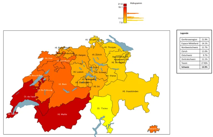 Abbildung 5: Anteil Haushalte mit familienergänzender Kinderbetreuung nach Grossregion 11  und Betreuungsart 12  Tagesfamilien und Pflegefamilien 2009,  in Prozent (Daten: Bundesamt für Statistik 2009c; eigene Darstellung; Bearbeitung mit: mapresso)