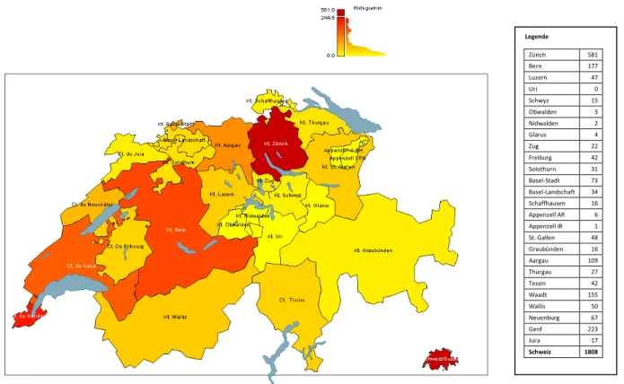 Abbildung 7: Anzahl Kinderkrippen und -horte 2008 (Bundesamt für Statistik 2008b; eigene Darstellung; Bearbeitung mit: mapresso ) 