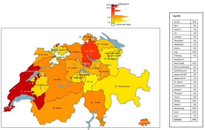 Abbildung 9: Versorgungsgrad im Frühbereich (0 - 3 Jahre) in den Kantonen 15  Stand 2009/2010 (Stern et al
