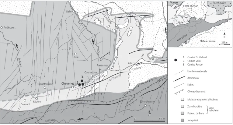 Fig. 3  Localisation des trois sites archéologiques de Chevenez dans le Jura tabulaire d’Ajoie (compilation d’après Diebold et al