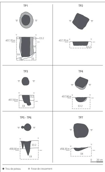 Fig. 39  Structures de l’âge du Bronze. Trous de poteau. Plans et coupes.