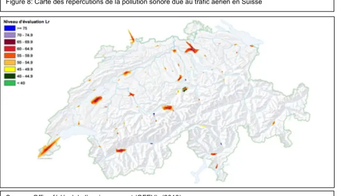 Figure 8: Carte des répercutions de la pollution sonore due au trafic aérien en Suisse 