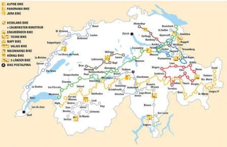 Figure 6 Carte des itinéraires nationaux Suisse à Vélo en 2014