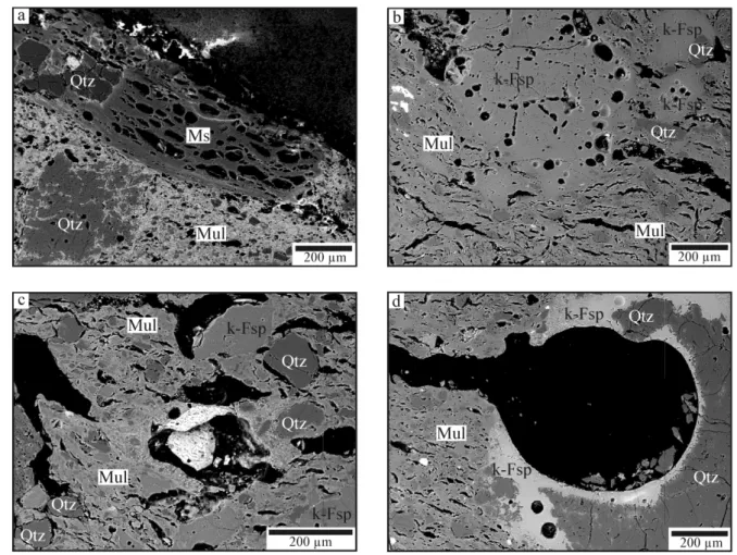 Figure 4-7. (a-d) SEM-BSE images of the inner layer showing different types of, in parts thermally altered,  temper grains in a mullite rich matrix; Qtz - quartz; Mul - mullite; k-Fsp - potassium feldspar; Ms –  muscovite