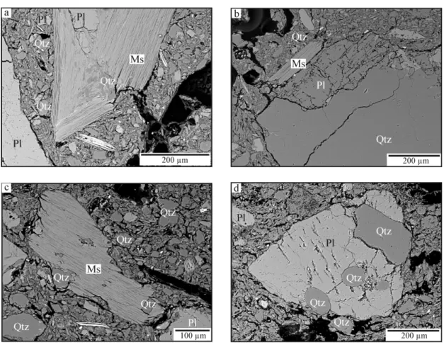 Figure 4-9. (a-d) SEM-BSE images showing different types of temper grains within the moulds; Qtz - quartz; 