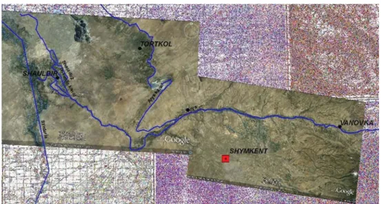 Fig. 2 GIS elaboration of a satellite image (source Google Earth) representing the Arys River, ﬂowing from the E to the W, and the three analysed districts