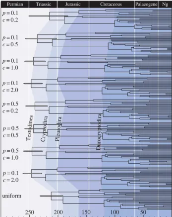 Figure 1. The posterior mean estimates obtained when the truncated Cauchy distribution was used to approximate the time of divergence relative to  fossil-based minima in MCMCT REE 