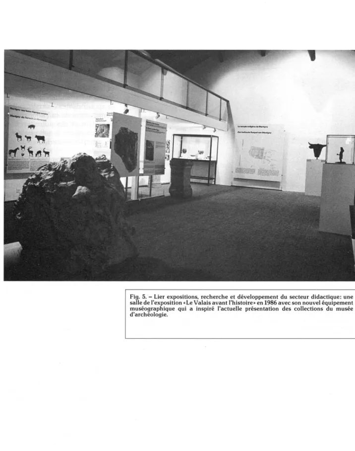 Fig.  5.  -   Lier  e x p o s itio n s,  r e c h e r c h e   et  d é v e lo p p e m e n t   du  s e c te u r   didactiq u e:  une  s a lle  de l’e x p o sitio n  « Le V a la is  a v a n t  l’h isto ire»  en 1986 a v e c  so n  n o u v e l é q u ip e m e n 