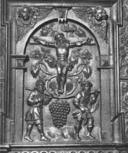 Fig. 1.  E g lis e  d e  V alére , s ta lle s : p a n n e a u   d e  la  c r u c if ix io n   et  g r a p p e   de   C h a n a a n ,  1662