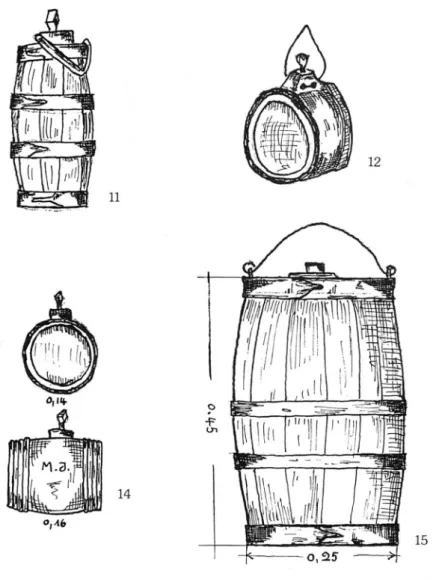 Fig. 11-15.  Barils.  En  patois de Saint-Luc:  boutilhe de form e verticale (11,15), barilhe  de  forme  horizontale  (12-14)