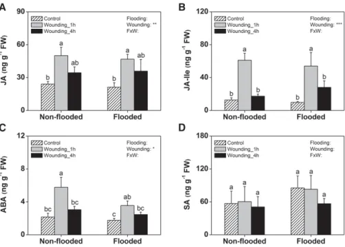 Figure 3. The wound response of rice roots is not altered by ﬂooding. Wound induction patterns of JA (A), JA-Ile (B), ABA (C), and SA (D) in rice roots growing in ﬂooded and nonﬂooded substrate are shown 1 and 4 h postinduction (n = 5; + SE ).