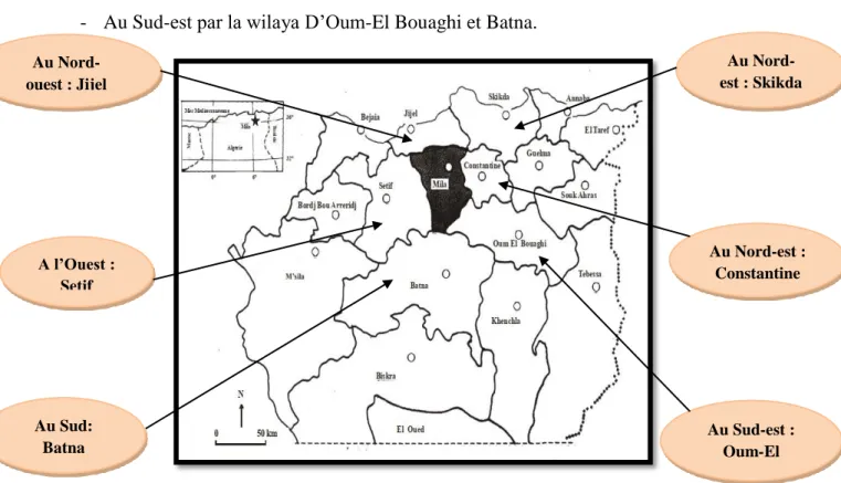 Figure 01 : Situation géographique de la wilaya de Mila  (Service du  cadastre de la wilaya de Mila, 2013)