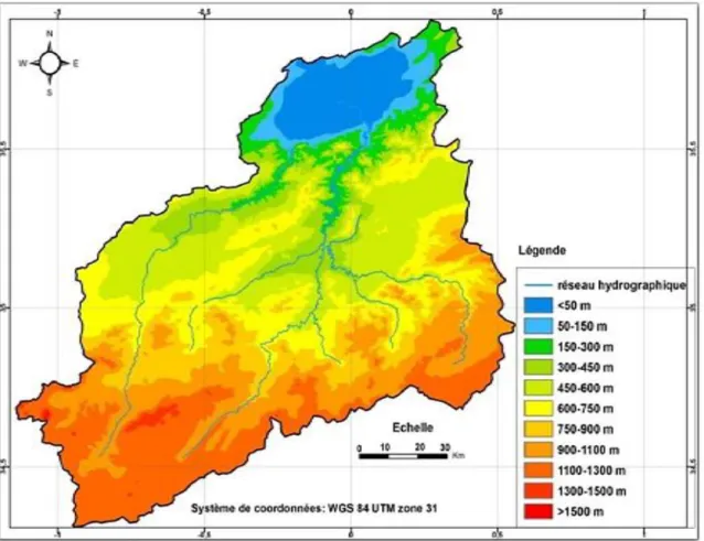 Figure 3 : Modèle numérique du terrain et réseau hydrographique du bassin versant de la  Macta [68]