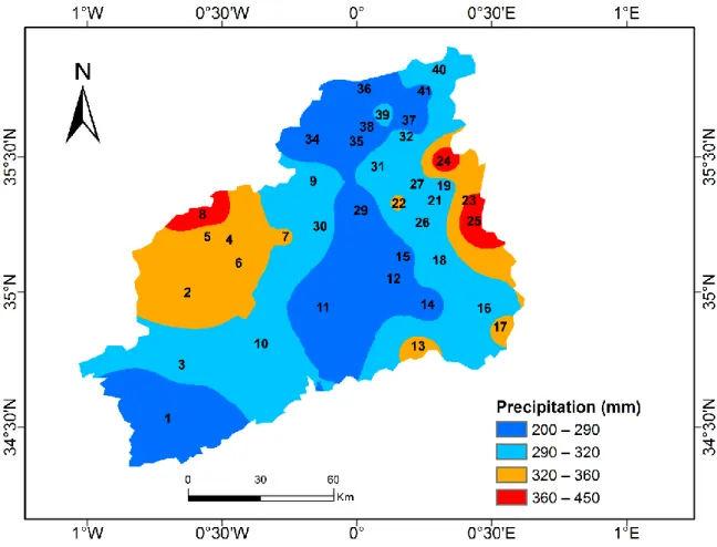 Figure 11 : carte de la pluie moyenne interannuelle du bassin versant de la Macta (1970- (1970-2011)