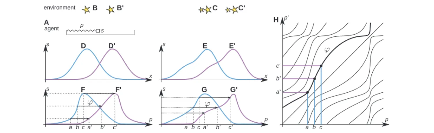 FIGURE 1 | Algorithm of space acquisition illustrated with a simplified agent. The agent (A) has the form of a tray, inside which a photoreceptor s moves with the help of a muscle, scanning the environment (B) composed of scattered light sources
