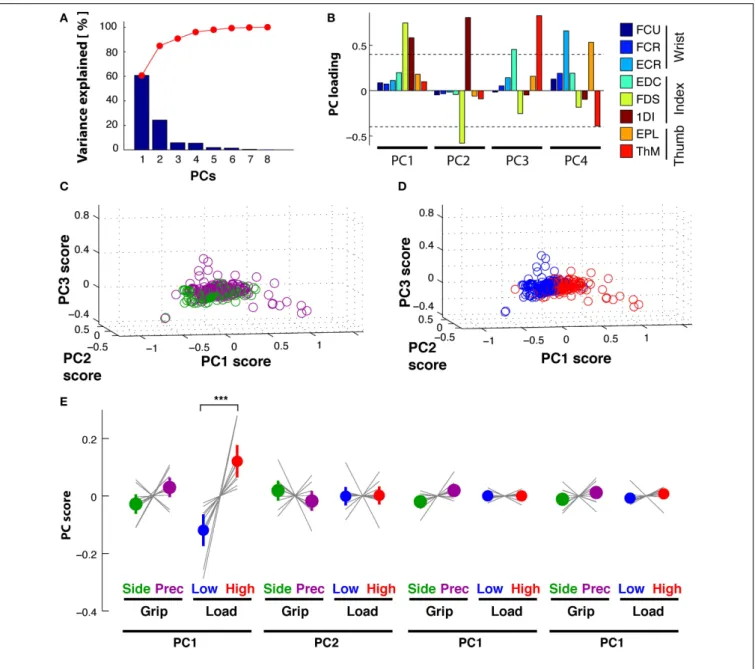 FIGURE 5 | Hold period: PCA on EMG. (A) Scree plot: percentage of explained variance in the EMGs by each PC (blue bar, Eigenvalue in %) and cumulative percentage explained (red)