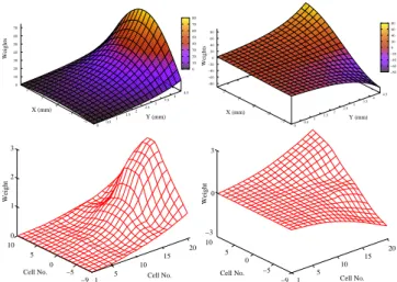 Fig. 5 Top: Plots of the weight from all the motor cells of the superior colliculus to the brainstem horizontal burst generator (left) and to the vertical burst generator (right) in monkeys