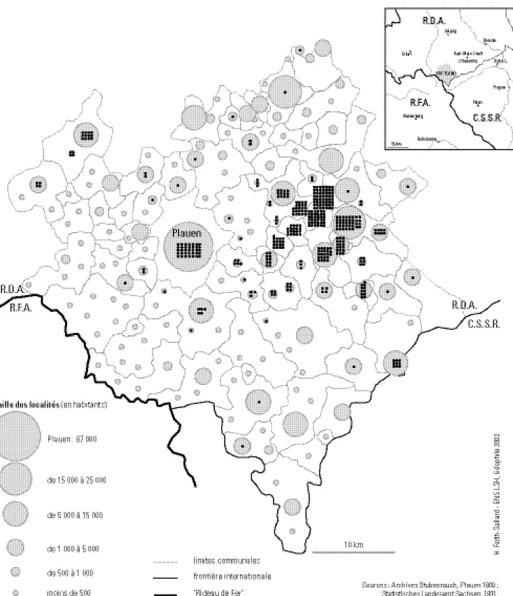 Figure 1 : Les broderies du Vogtland saxon, la dispersion des bâtiments de produciton du secteur &#34;Dentelles&#34; du combinat Deko Plauen, en 1980