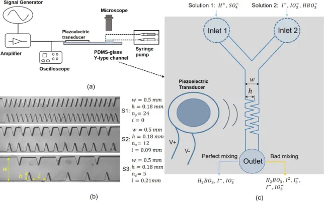 Figure 2 : Schematic of the experiment in this study: (a) experimental setup; (b) 3 different geom- geom-etry structures tested, n s number of sharp edges on each side (c) Iodide-Iodate reaction within the microchannel