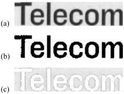Figure  4 :  Imagette  du  mot  « Telecom » :  (a)  initiale ;  (b)  après binarisation ;  (c) fond extrait