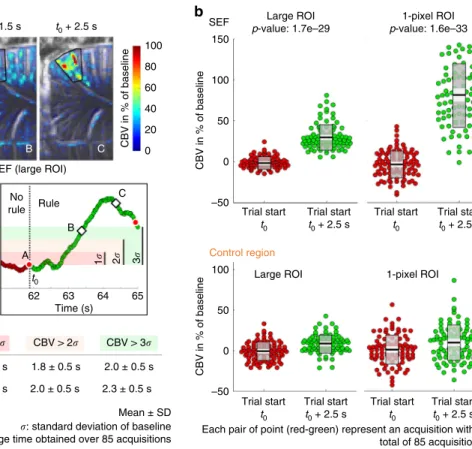 Fig. 2 fUS detect a rule change from the single ﬁ rst trial. a The start of the ﬁ rst visual cue induced a strong CBV variation of ~40% in the SEF reached in 2.5 s (quanti ﬁ ed in a large ROI delineated by a black line, ~240 pixels), and the CBV was alread