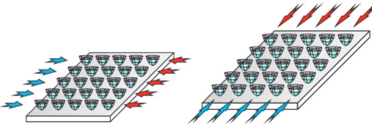 FIG. 1: Two laser beams of slightly different frequencies (blue and red) produce virtual processes that change the state of one ion and create (annihilate) a phonon mode of N × N  lat-tice
