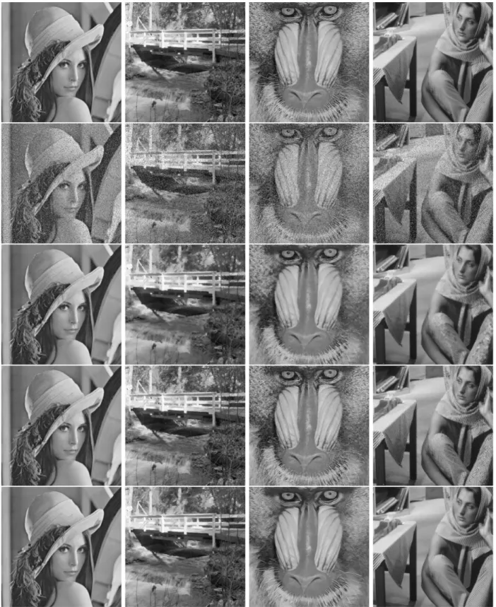 Fig. 6.1 . Comparative results on Lena,Bridge,Baboon and Barbara with p = 20% of random-valued impulse noise