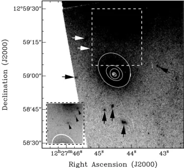 Fig. 9. Enlargement of an F814W WFPC2-HST image around VCC 1040. The arrows indicate di ﬀ erent clumps surrounding the dwarf galaxy while ellipses indicate fitted isophotes of VCC 1040 to the image at the radii flagged by arrows in Fig