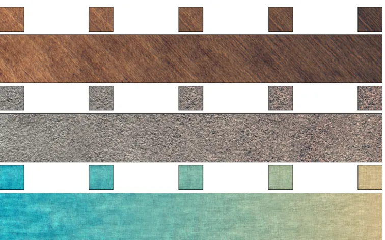 Figure 5: Noise mixing: We show three examples of progressive texture mixing obtained by spot noise synthesis with varying textons