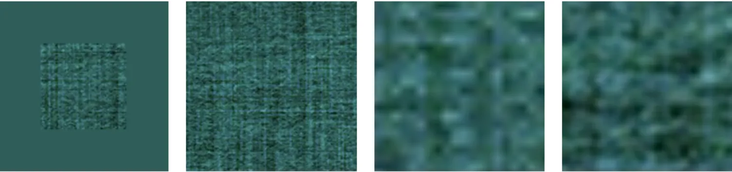 Figure 8: Absence of bilinear interpolation artefacts: From left to right: A bilinearly interpolated texton with a subsampling of factor 20, a corresponding texton noise at the same scale, and a close-up view of the center of both images (in the same order