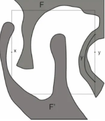Figure 1: Entanglement point: In this example, {x, y} ∈ N ε (F ) because the two connected components of P 0 x,y , in grey, are connected through γ ⊆ (F ∩ P x,y )