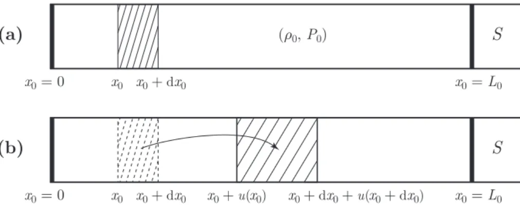 FIG. 3: (a). The fluid at rest, with equilibrium mass density ρ 0 and pressure P 0 . (b)
