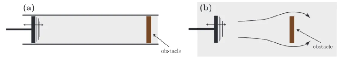 FIG. 4: Two kinds of acoustic radiation pressure, according to the geometry. (a) Rayleigh configuration: the fluid that propagates the acoustic wave is bounded by the obstacle