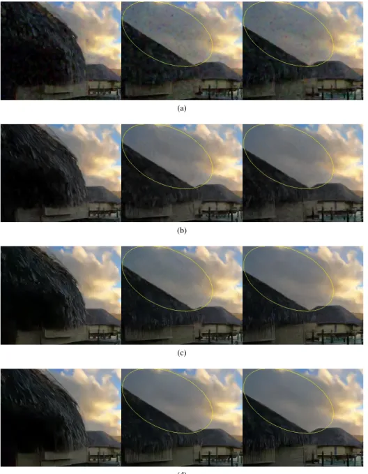 Fig. 4. Motion artifacts due to occlusion. Three consecutive frames of the results of the ’hypersmooth’ sequence, σ = 50 (a) V-BM4D