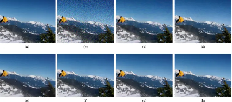 Fig. 5. Comparison of results of the ’snowboarding’ sequence. (a) Clean frame. (b) Noisy frame σ = 40