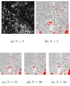 Fig. 7. Change detection using the HR classification of Figure 6 (a) and a CR image with a resolution ratio (N) of 5 × 5, 15 × 15, 30 × 30 and 50 × 50.