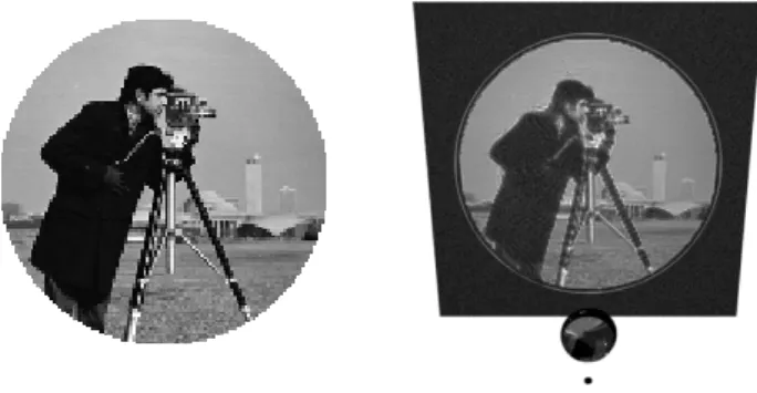 Figure 2: Left: target image. Right: simulation of the scene using the appleseed ® rendering engine; the small black disk at the bottom represents the light source.