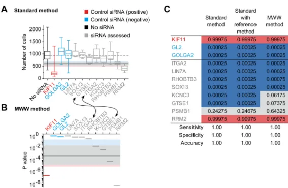 Fig 3. High throughput siRNA screening and fluctuation of the best cut-off. An average of 150 human prostate tumoral cells were plated, treated with siRNAs targeting the indicated gene and grown for 72 hours before cell counting