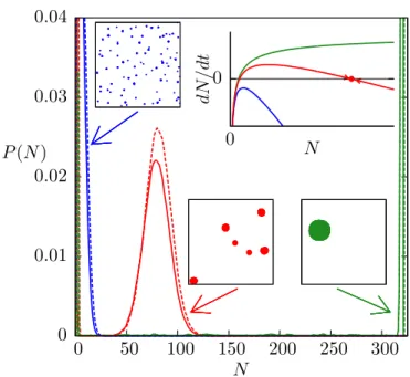 FIG. 2: (Color online) Cluster size probability distribution, P (N ), vs. number of monomers in a cluster, N, for low (α = 10 −9 , green, right), medium (α = 5 × 10 −8 , red,  cen-ter), and high (α = 10 − 5 , blue, left) proteolytic rates (per protein per 