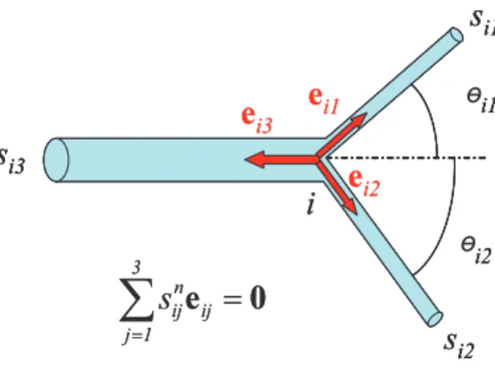 Figure 2: Relation between angles and cross-sectional areas of adjoining channels in a minimal resistance network