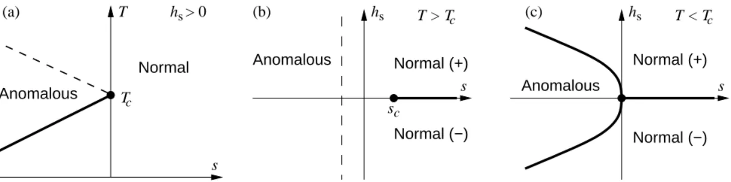 FIG. 2: (a) Proposed phase diagram for h s > 0. The solid line is a first-order phase transition at which the staggered magnetisation and the activity X are discontinuous