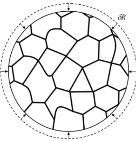 FIG. 1: Circular portion of a 2D cellular network subjected to a uniform radially oriented displacement − δR e r of its  bound-ary