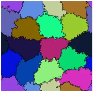 Figure 1: Cell fragmentation observed with the MMA at high tem- tem-perature values: fragments of one or more lattice sites are surrounded by mismatched site values