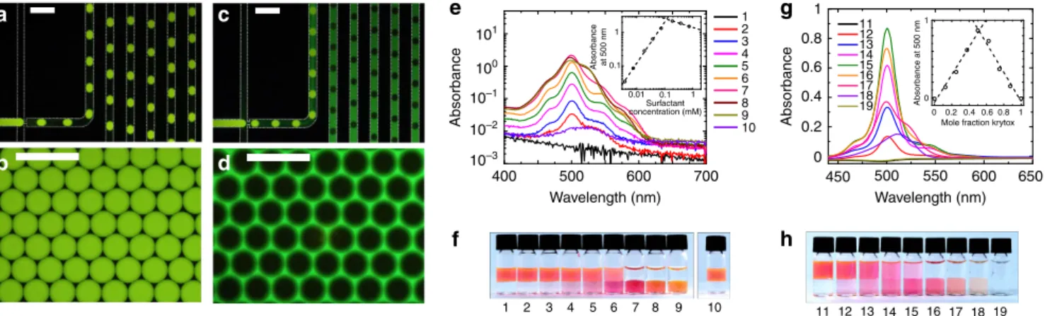 Figure 8 | Surfactant-mediated extraction of solutes. (a–d) Fluorescence images of microﬂuidic droplet production and resulting emulsions in the presence of 0.5% PFPE–PEG–PFPE surfactant and additionally low (a,b o 1%) or high (c,d ¼ 30%) mass fractions of